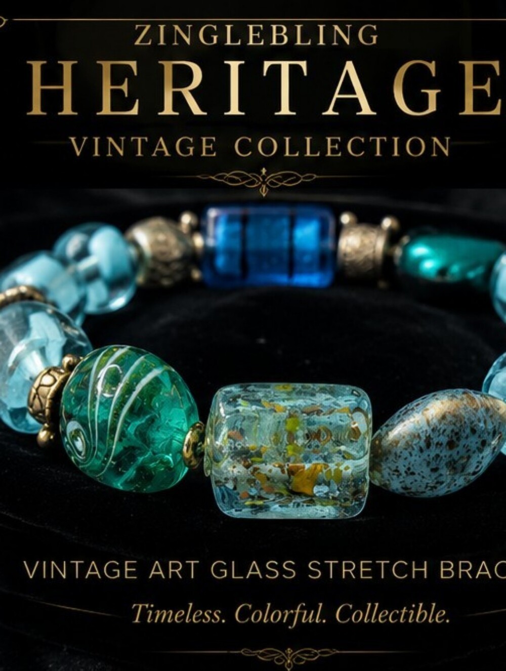 Vintage Artisan Art Glass Lampwork Foil Bead Stretch Bracelet Blue Green